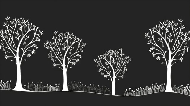 Monochrome trees in a minimalist illustration - An elegant monochromatic illustration showcasing silhouetted trees against a stark background