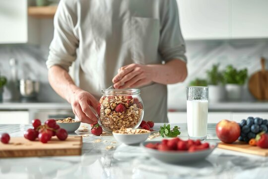 Person preparing breakfast with granola - In a sunlit modern kitchen, a person is serving granola with fresh berries, promoting a healthy lifestyle and nutritious eating