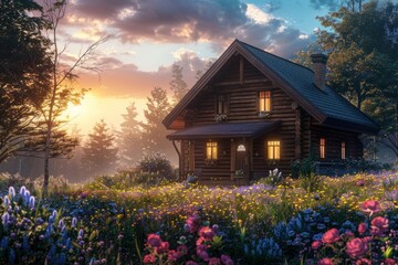 Quaint wooden country house at sunrise with a blooming flower garden.