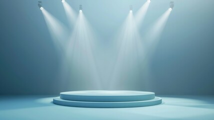 Stage with spotlight and blue atmosphere - Single round platform stage under spectacular spotlights with a calming blue atmospheric background