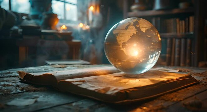 A crystal ball illuminating an ancient map in a dark room