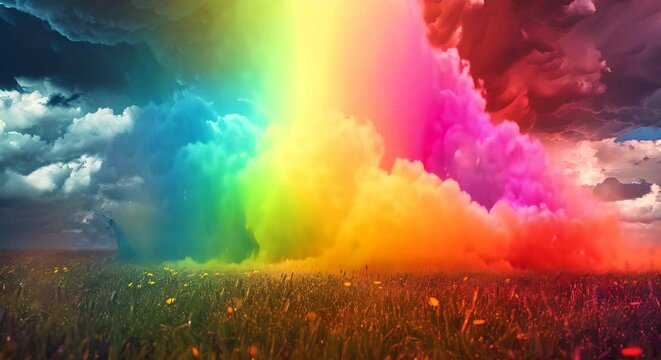 Clouds raining down colorful paint over a canvas field