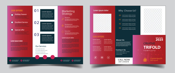 Tri fold Business Brochure Template Layout. Corporate Design Leaflet with Replaceable Image Shape. colorful Template triple folding brochure printing  - obrazy, fototapety, plakaty