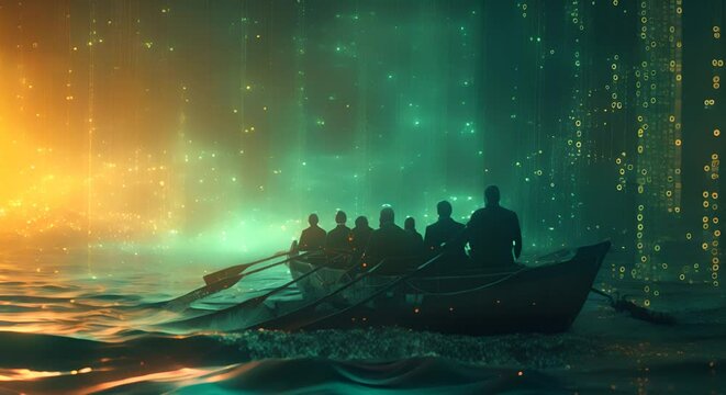 A team of businesspeople rowing a boat in a sea of binary code during a storm