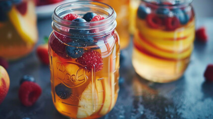 A detailed view of a glass jar filled with assorted fruit on a wooden table.