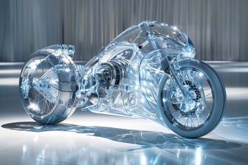 Futuristic Motorcycle Reflecting on Surface