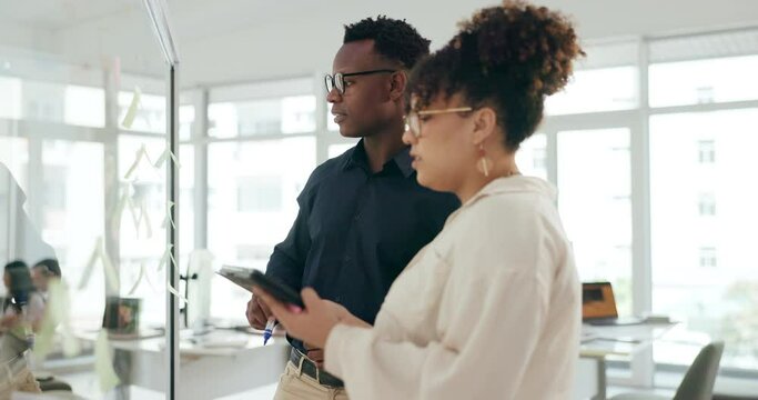 Businessman, board and meeting with sticky notes for writing, brainstorming and problem solving. Employees, office and tablet with planning on glass for presentation, project or research for mind map