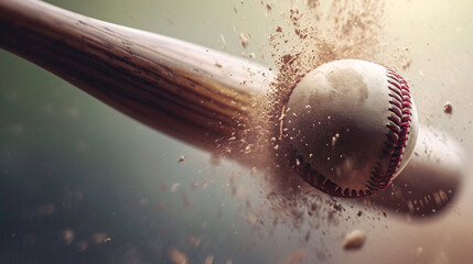 Explosive impact in baseball: Bat strikes the ball, causing a dramatic disintegration, showcasing the raw power and excitement of the game.
