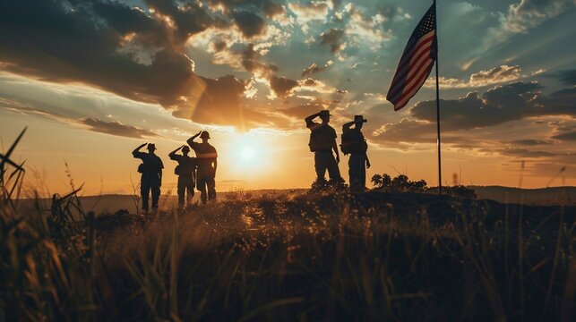 A powerful image of soldiers' silhouettes saluting at dawn or dusk, framed by the USA flag, commemorating significant American patriotic holidays