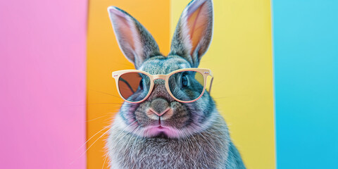 Cool rabbit character with sunglasses Set against a colorful background Exuding style and playful vibes - obrazy, fototapety, plakaty