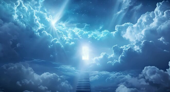 A staircase leading to a door in the sky, clouds around