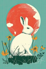 An Easter bunny greetings card, minimalist whimsical bold clean modern graphics illustration made with Generative AI