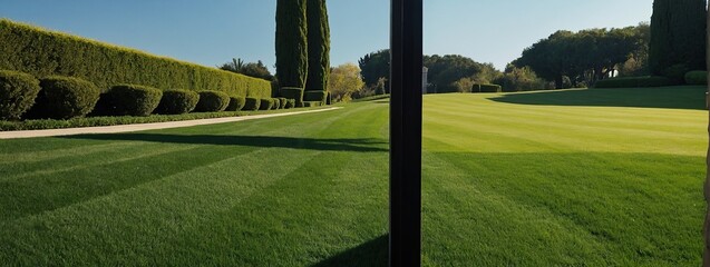 Wide lawn trimmed with precision under a blue sunny sky