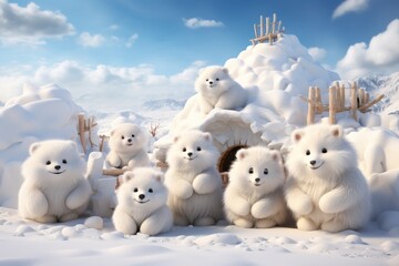 Group of White Teddy Bears Standing in Snow