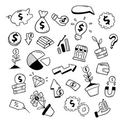 Economic object thing doodle hand drawn outline illustration set