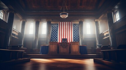 Empty Courtroom With American Flag