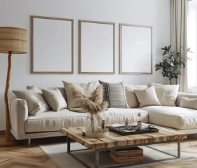 Frame Mockup Set in a Modern Living Room Interior. Presented in 3D Render. Made with Generative AI Technology