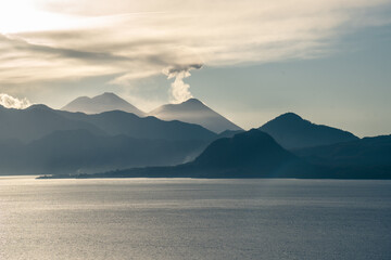 Active volcano Fuego in the morning, Lake Atitlan, Guatemala