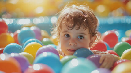 A child playing in a swimming pool. A toddler plays in the ball pool.