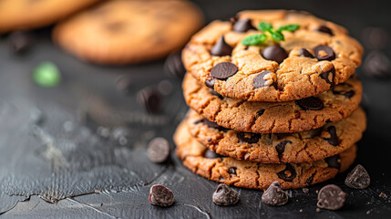 A stack of chocolate chip cookies with a green leaf on top. The cookies are piled on top of each...