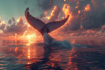 Whale Tail Flips Out of the Water - obrazy, fototapety, plakaty