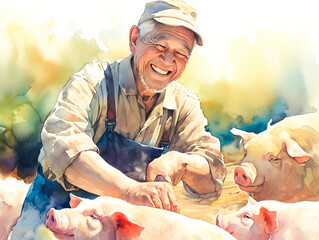 養豚場で働く笑顔の高齢男性 - obrazy, fototapety, plakaty