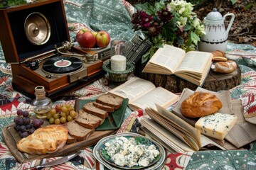 Vintage-inspired picnic setup with a gramophone, books, and assorted foods on a quilt.
