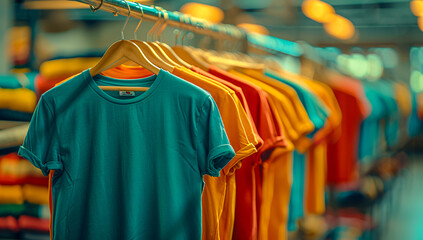 Colorful clothes arranged on racks in a fashion store, showcasing retail diversity and style - obrazy, fototapety, plakaty