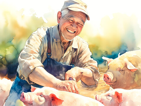 養豚場で働く笑顔の高齢男性