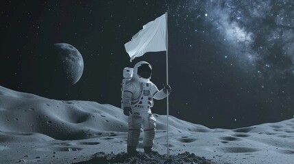 A man in a spacesuit stands on a moon like surface holding a white flag. - obrazy, fototapety, plakaty
