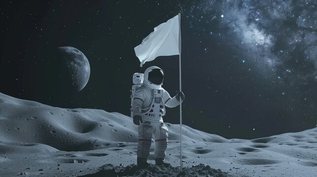 A man in a spacesuit stands on a moon like surface holding a white flag.