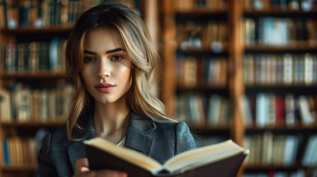 A woman is reading a book in a library. She is wearing glasses and has long hair. The book is open to a page with a picture on it. The scene is quiet and peaceful