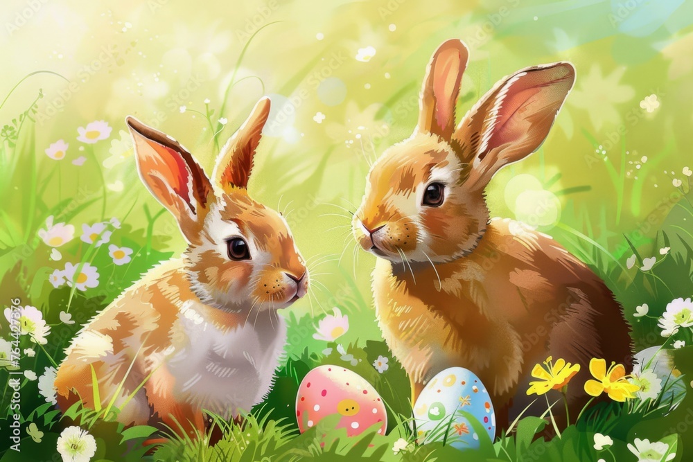 Wall mural Two adorable rabbits with Easter eggs in grass - Two cute bunnies surrounded by lush grass and Easter eggs illustrate the joys of spring and holiday celebrations