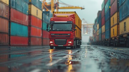 A red semi truck is driving down a wet road in front of a large container yard. The truck is the only vehicle visible in the scene, and it is the main focus of the image
