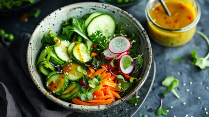 A bowl of salad with cucumbers, carrots, and radishes. The bowl is on a plate and there is a sauce on the table - obrazy, fototapety, plakaty