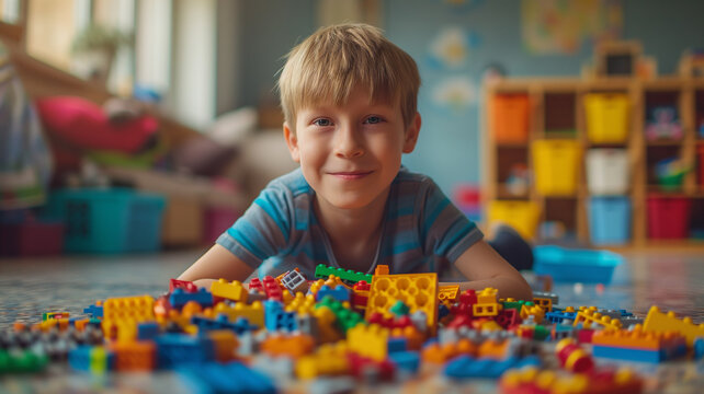 A moment of joy as a child plays with vibrant and colorful lego pieces.