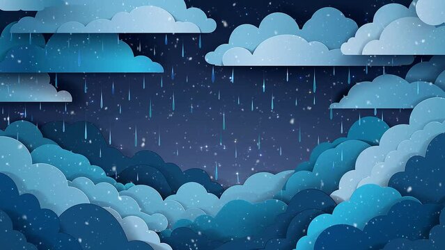illustration of cloud and rain on dark background paper cut style. seamless looping overlay 4k virtual video animation background