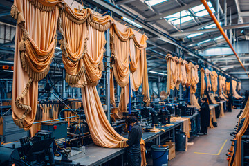 Industrial textile manufacturing, highlighting machinery and fabric production in a factory setting - obrazy, fototapety, plakaty