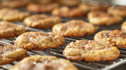Various types of cookies cooling on a metal rack in a kitchen setting.