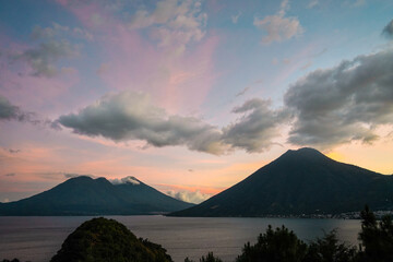 volcano Toliman and San Pedro, sunset, Lake Atitlan, Guatemala