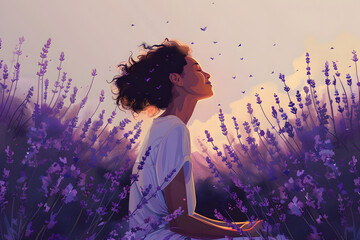 Sitting in a field of lavender with eyes closed