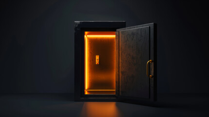 Black bank safe with open steel door and golden light inside, perspective view. Metal rectangular...