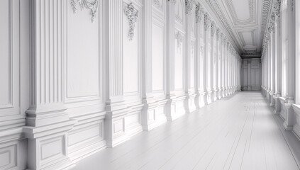 Luxurious interior with classical architecture, featuring white walls and elegant wood details