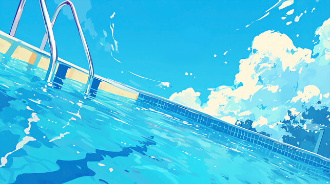 Hand drawn cartoon summer swimming pool scene illustration
