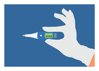 Hand in medical gloves holding digital thermometer. Simple flat illustration.