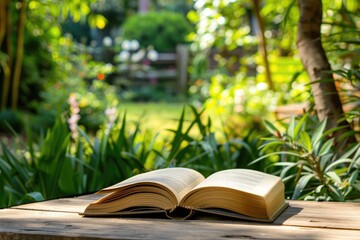 Open book on outdoor wooden table Stock Picture --ar 3:2 --style raw Job ID: ebceb77b-1995-46d5-b9d2-bb7806b31374