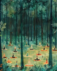The yoga participants in various poses, surrounded by tall trees and chirping birds