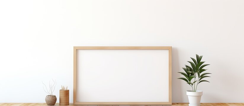 An empty wooden frame for display mockup placed on a table, suitable for showcasing artworks or photographs