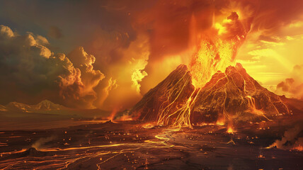 Volcanic eruption at sunset. - obrazy, fototapety, plakaty
