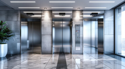 Metal elevator with closed, ajar and open lift doors in hallway. Realistic empty office lobby...